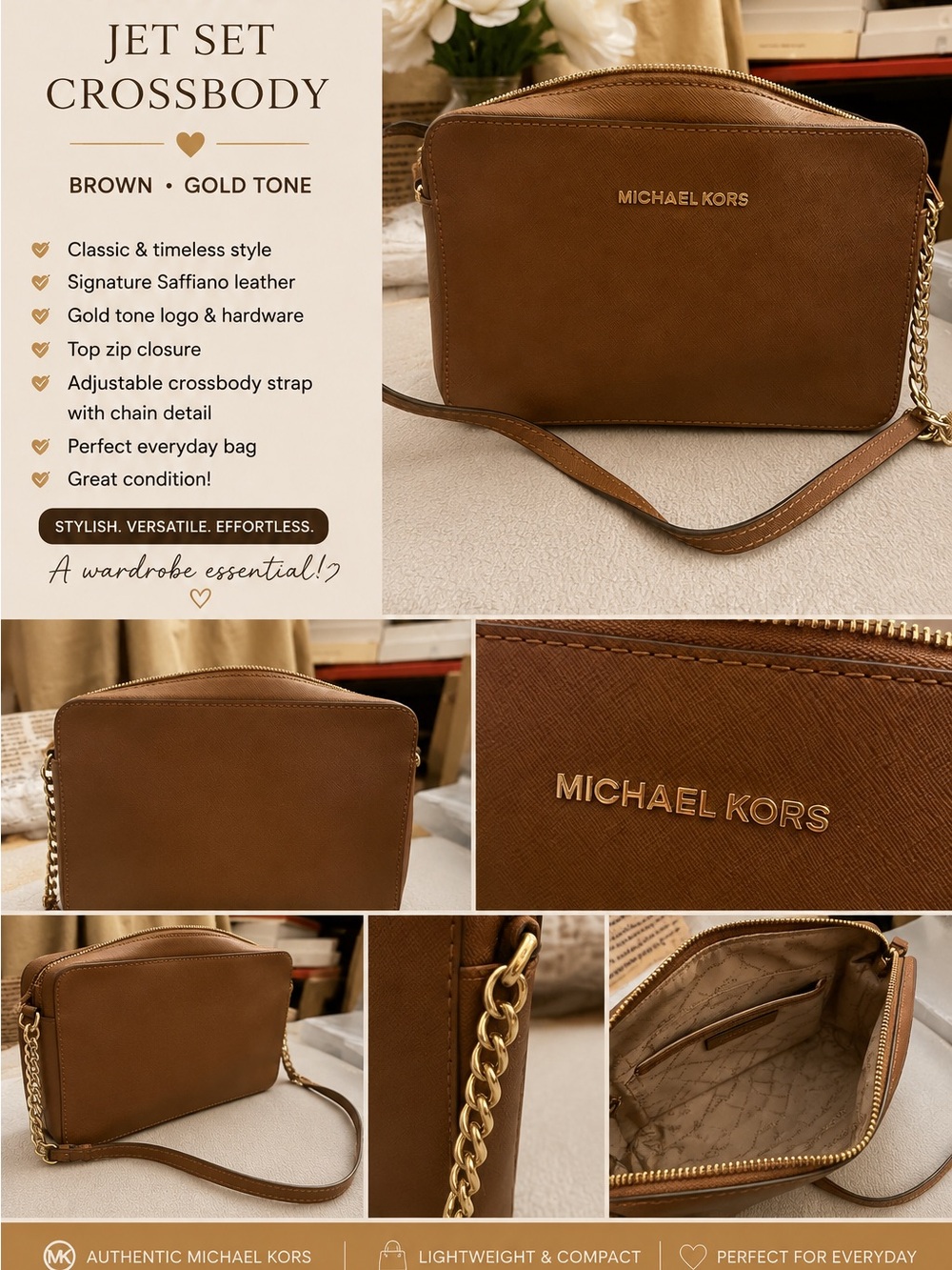 Michael Kors Brown Saffiano Crossbody with Gold Hardware